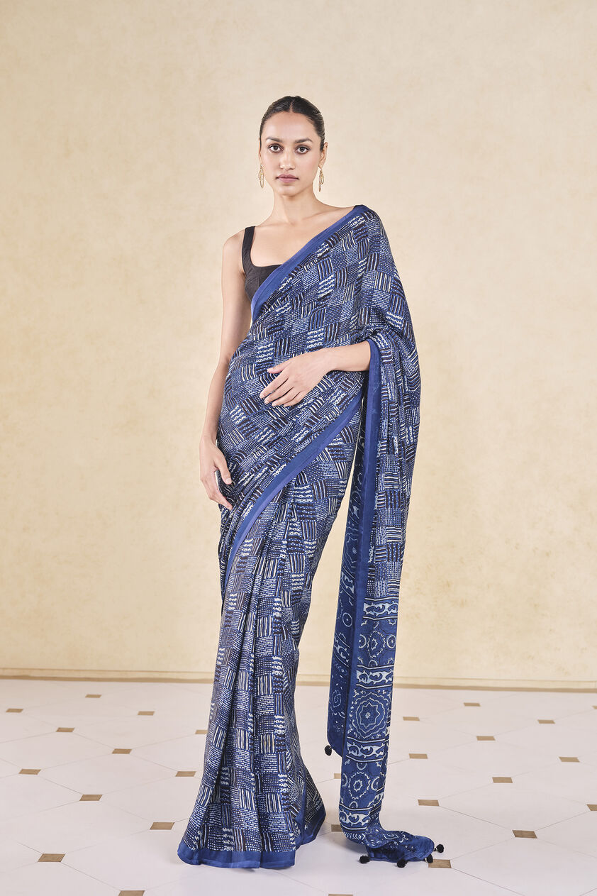 Junco Handcrafted Ajrakh Saree - Blue, Blue, image 1